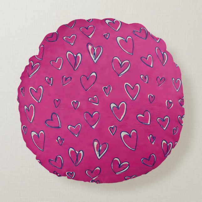 Magenta Harten Patroon Rond Kussen (Voorkant)