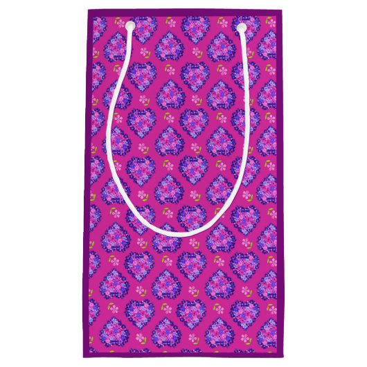  magenta hartjes en bloemen kleine geschenktas klein cadeauzakje (Voorkant)