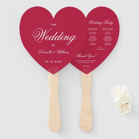 Magenta Heart Elegant Calligraphy Wedding Program Handwaaier (Voorkant en achterkant)