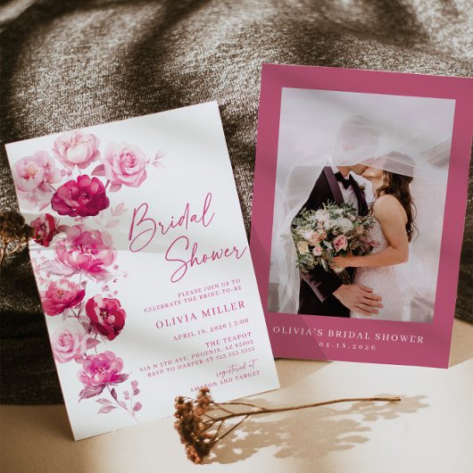 Magenta Heet Roze Bloemen Bruids Douche Uitnodigin Kaart