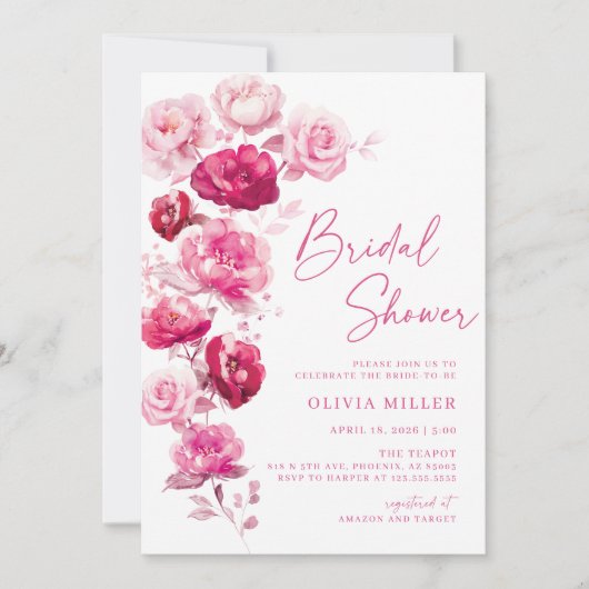 Magenta Heet Roze Bloemen Bruids Douche Uitnodigin Kaart (Voorkant)