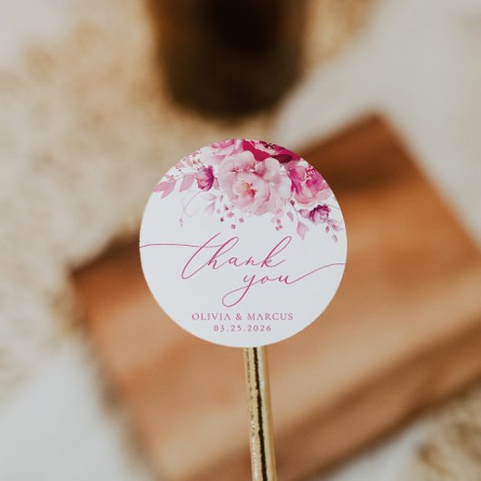 Magenta Heet Roze Bloemen Bruiloft Dank u Favor Ronde Sticker