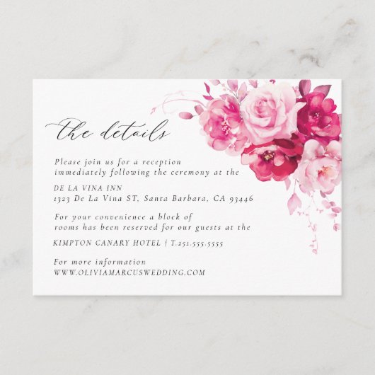 Magenta Heet Roze Bruiloft Details Behuizing Kaart (Voorkant)