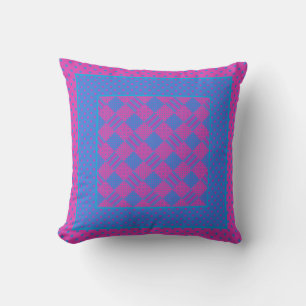 Magenta, helderblauwe patchwork, polka stippen kussen