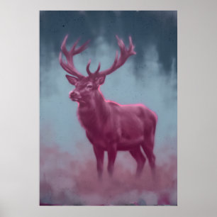 Magenta hert in blauwe bos schilderkunst poster