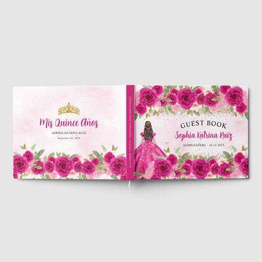 Magenta Hot Pink Gold Floral Princess Quinceañera Gastenboek (Volledig)