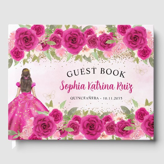 Magenta Hot Pink Gold Floral Princess Quinceañera Gastenboek (Voorkant)