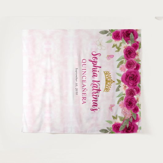 Magenta Hot Pink Gold Floral Princess Quinceañera Wandkleed (Voorkant (horizontaal))