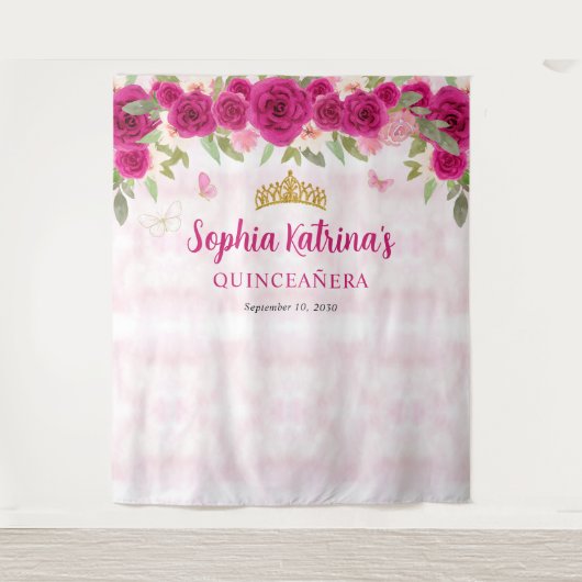 Magenta Hot Pink Gold Floral Princess Quinceañera Wandkleed (Voorkant)