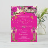 Magenta Hot Pink Rozen Fancy Charro Quinceañera Kaart (Staand voorkant)