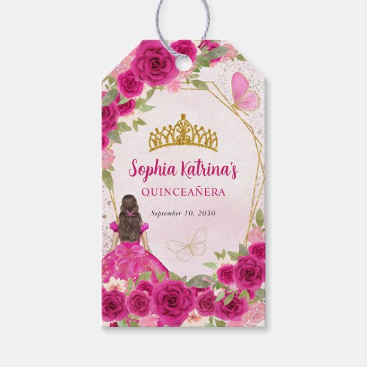 Magenta Hot Roze Goud Bloemen Prinses Tiara Favori Cadeaulabel (Voorkant)