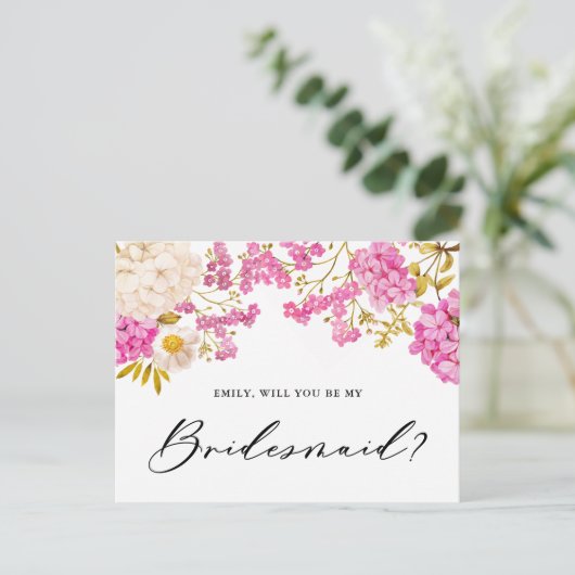 Magenta Hydrangeas zal mijn Bridesmaïde Kaart zijn (Staand voorkant)