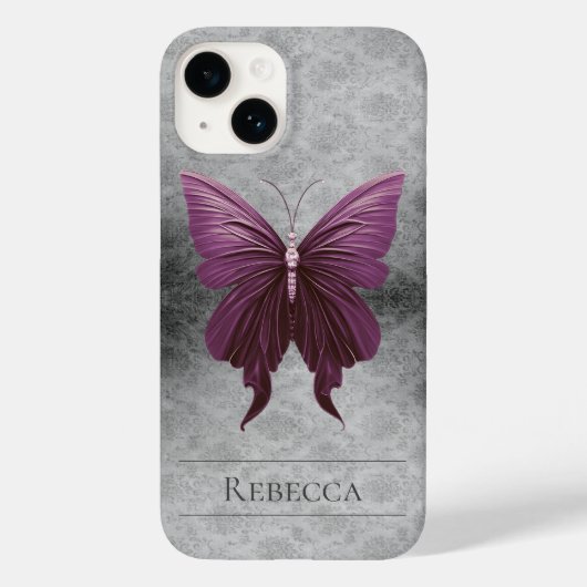 Magenta Jeweled Butterfly Damask Case-Mate iPhone Case (Achterkant)
