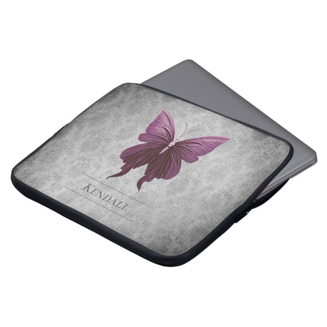 Magenta Jeweled Butterfly Damask Laptop Sleeve (Voorkant top)