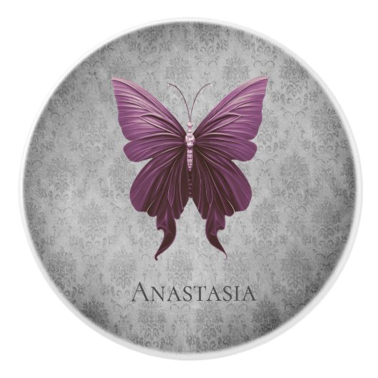 Magenta Jeweled Butterfly Keramische Knop (Voorkant)