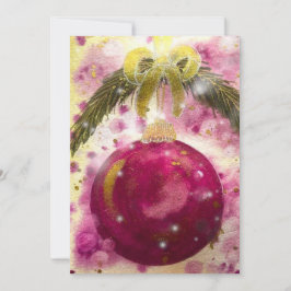 Magenta Kerstbal Glitterige Gouden Lint Feestdagenkaart
