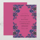 Magenta Kobalt Bloeiende Bruiloft Kaart (Voorkant / Achterkant)