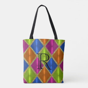 Magenta Limoen Blue Gold Harlequin met monogram Tote Bag