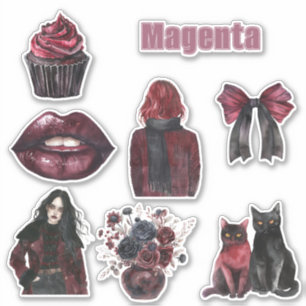 Magenta Lippen Katten Bloemen Strik Sticker