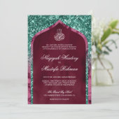 Magenta Marble Blauwgroen Glitter Arch Islamic Wed Kaart (Staand voorkant)