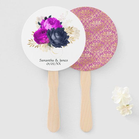 Magenta marineblauw en gouden bloemen bruiloft handwaaier (Voorkant en achterkant)