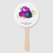 Magenta marineblauw en gouden bloemen bruiloft handwaaier (Voorkant)