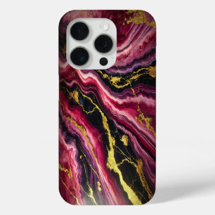 Magenta marmer met gouden en zwarte strepen iPhone 15 pro case