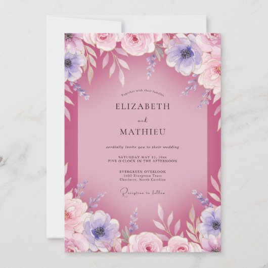 Magenta Mauve Ranunculus Eucalyptus Bruiloft Kaart (Voorkant)