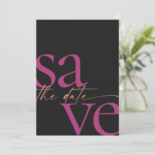 Magenta Melon Black, foto van modern gebold Save The Date (Staand voorkant)