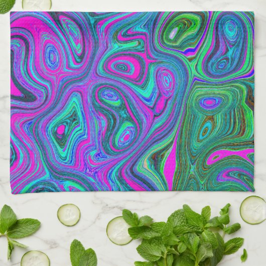 Magenta met marmering en Lime Green Groovy Abstrac Theedoek (Gevouwen)