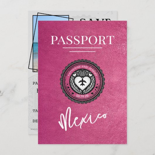 Magenta Mexico Passport Bewaar de datum Save The Date (Voorkant / Achterkant)