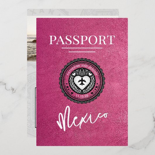 Magenta Mexico Passport Wedding Folie Uitnodiging (Voorkant / Achterkant)