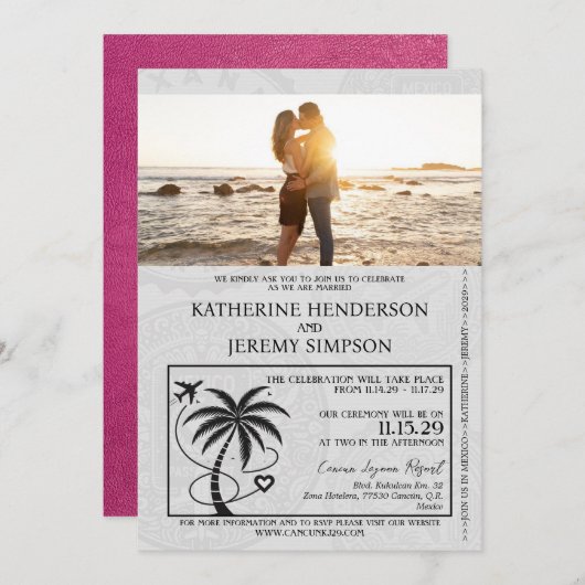Magenta Mexico Passport Wedding Kaart (Voorkant / Achterkant)