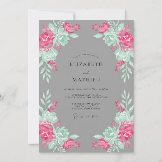 Magenta Mint Botanische Bruiloft Kaart (Voorkant)