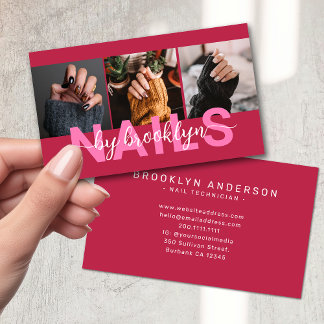 Magenta Modern Photo Typography Nail Artist Visitekaartje