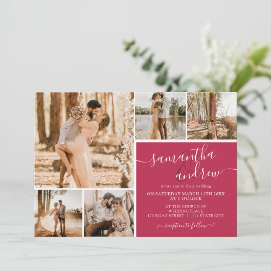Magenta modern script 6 foto's bruiloft kaart (Staand voorkant)