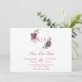 Magenta monogram voor botanische flessenaalrest save the date (Staand voorkant)