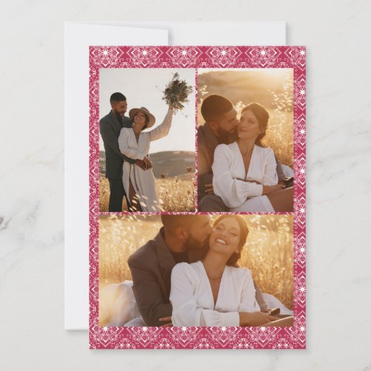 Magenta Moroccan floral initialen 3 fotobruiloft Kaart (Achterkant)