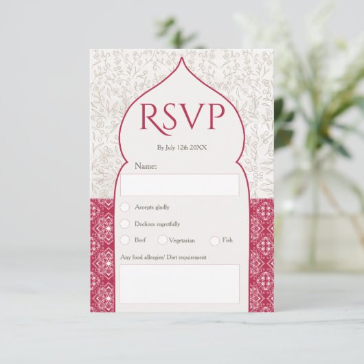 Magenta Moroccan floral rsvp bruiloft Kaart (Staand voorkant)