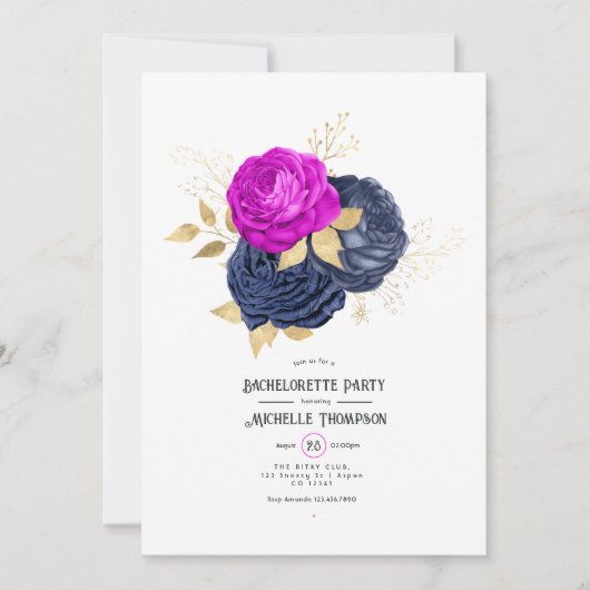Magenta Navy and Gold Floral Bachelorette Party Kaart (Voorkant)