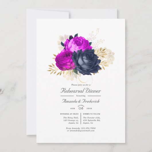 Magenta Navy and Gold Floral Rehearsal Dinner Kaart (Voorkant)