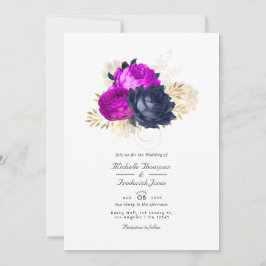 Magenta Navy and Gold Floral Wedding Invitation Kaart
