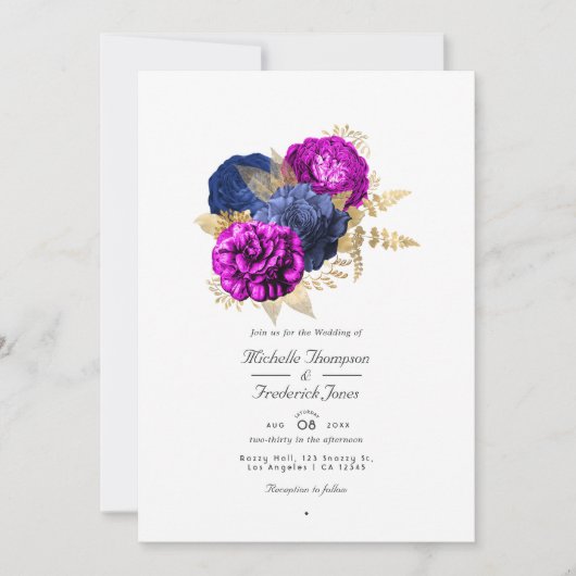 Magenta Navy and Gold Floral Wedding QR Code Rsvp Kaart (Voorkant)