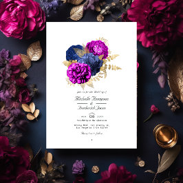 Magenta Navy and Gold Floral Wedding QR Code Rsvp Kaart