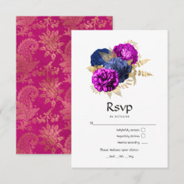 Magenta Navy and Gold Floral Wedding RSVP Kaartje