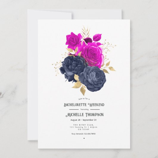 Magenta Navy en Gold Floral Bachelorette Weekend Kaart (Voorkant)