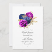 Magenta Navy en Gouden Bloemen Bruiloft QR Code Rs Kaart (Voorkant)