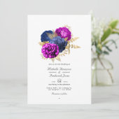 Magenta Navy en Gouden Bloemen Bruiloft QR Code Rs Kaart (Staand voorkant)
