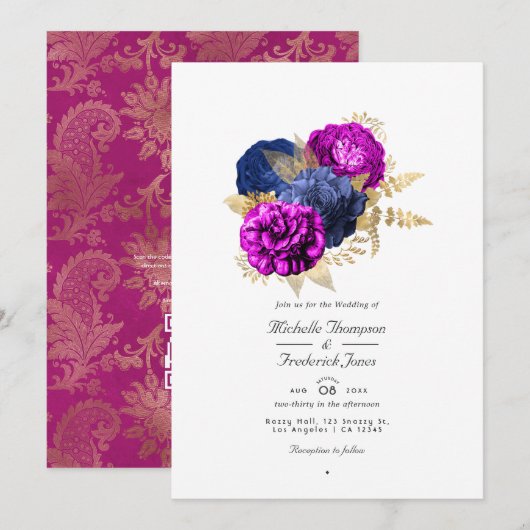 Magenta Navy en Gouden Bloemen Bruiloft QR Code Rs Kaart (Voorkant / Achterkant)