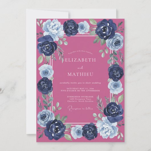 Magenta Navy Ranunculus Eucalyptus Bruiloft Kaart (Voorkant)